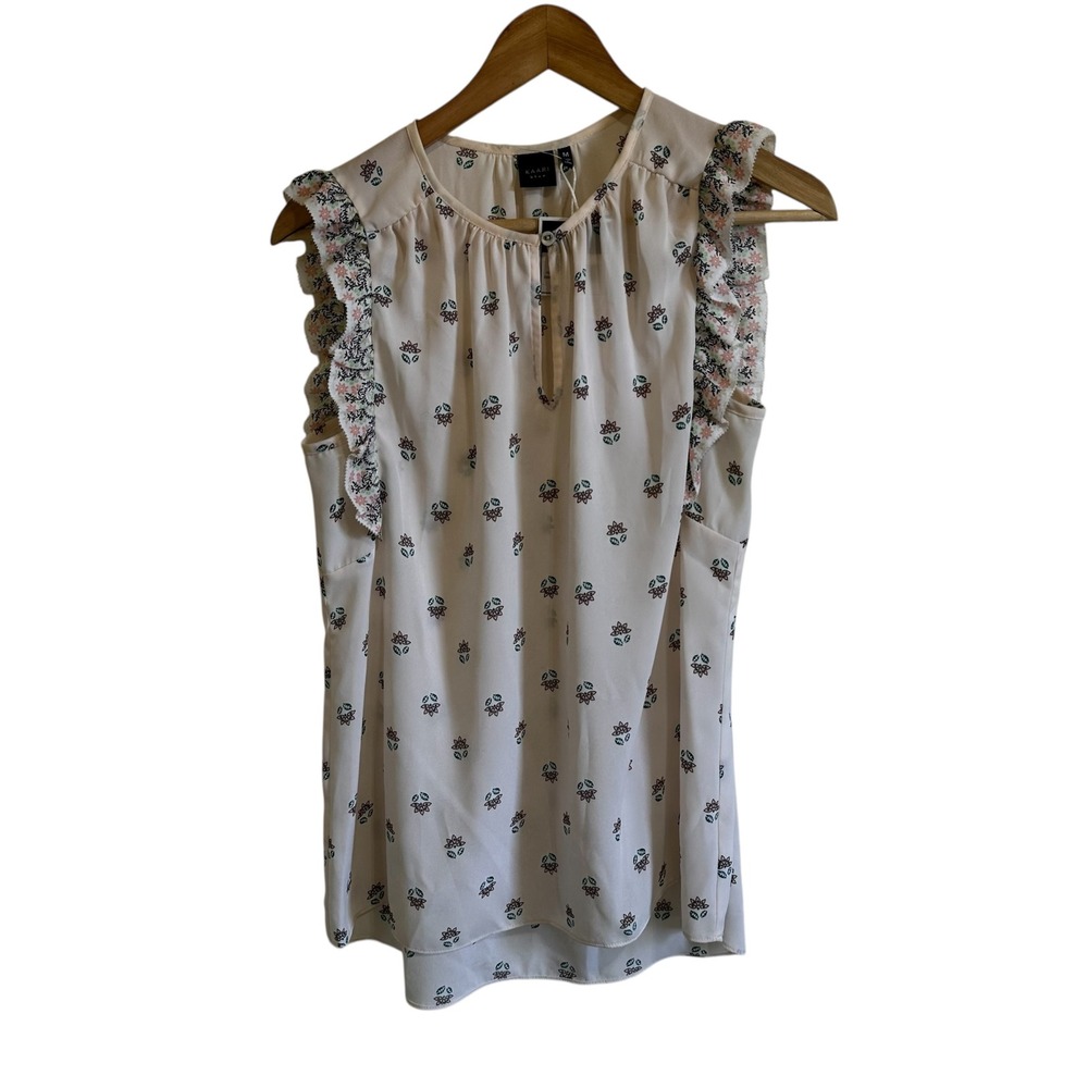 Kaari Blue Floral Ruffle Sleeve Blouse‎ Sleeveless Top Casual Cute M